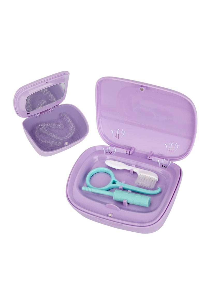 Portable Retainer Case, False Teeth Storage Box Holder, Braces Removal Tool and Cleaning Brush Purple