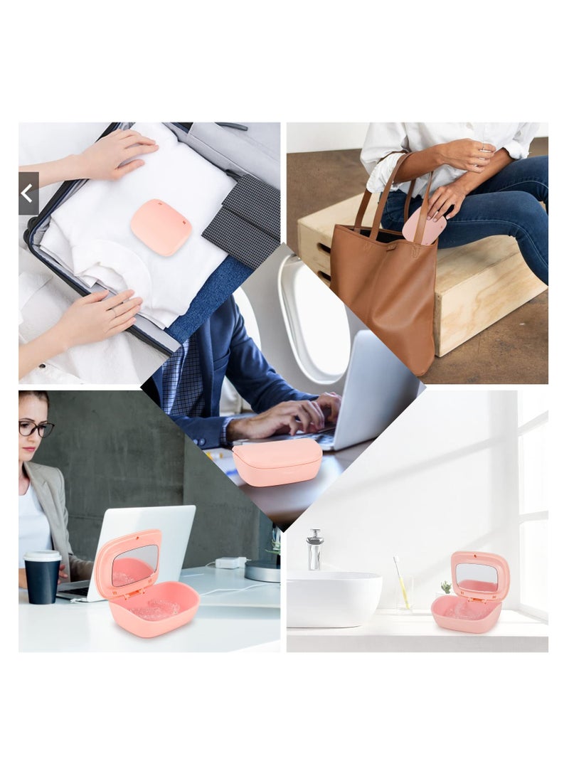 Denture Bath Box Cup with Mirror Dental Braces Kit Portable Retainer Case, False Teeth Storage Box Holder, With Braces Removal Tool and Cleaning Brush (Pink)