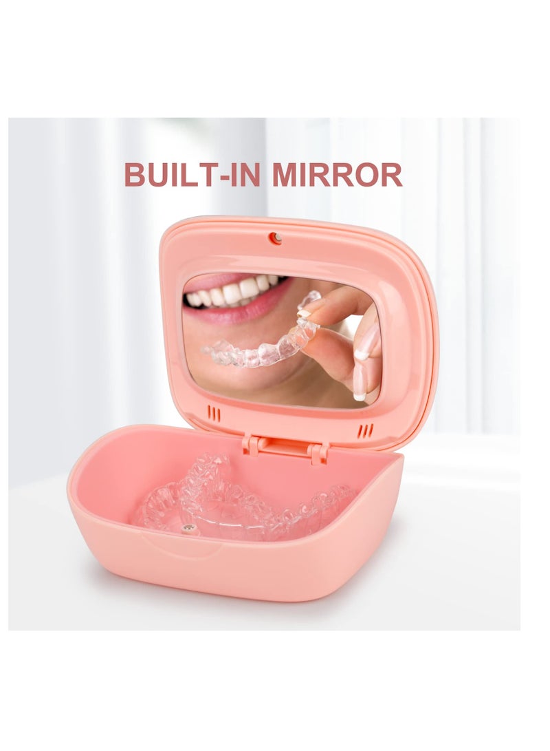 Denture Bath Box Cup with Mirror Dental Braces Kit Portable Retainer Case, False Teeth Storage Box Holder, With Braces Removal Tool and Cleaning Brush (Pink)