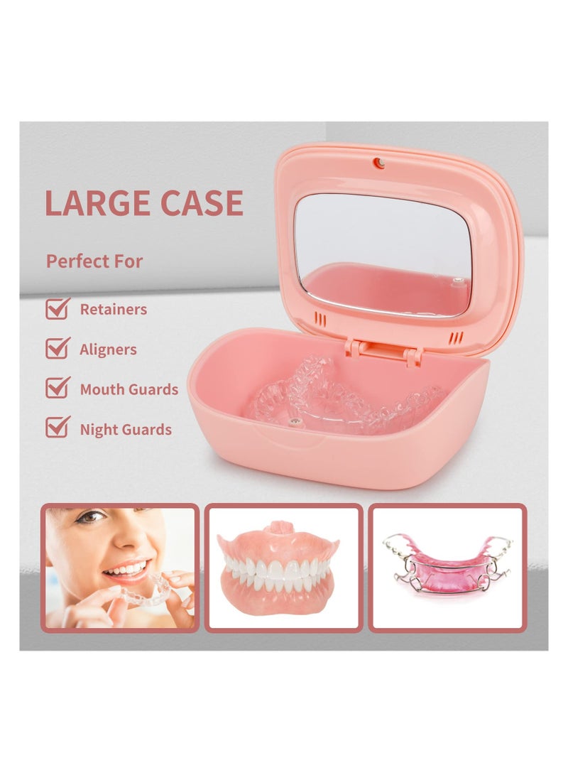 Denture Bath Box Cup with Mirror Dental Braces Kit Portable Retainer Case, False Teeth Storage Box Holder, With Braces Removal Tool and Cleaning Brush (Pink)