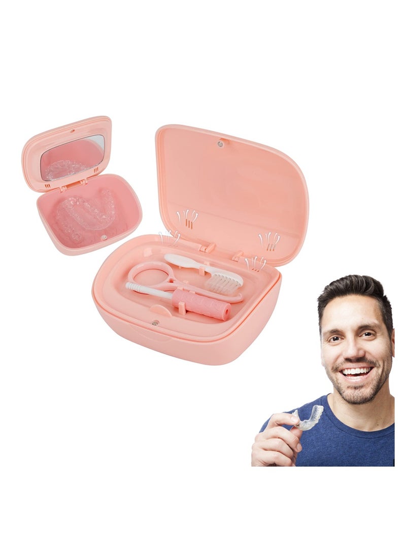 Denture Bath Box Cup with Mirror Dental Braces Kit Portable Retainer Case, False Teeth Storage Box Holder, With Braces Removal Tool and Cleaning Brush (Pink)
