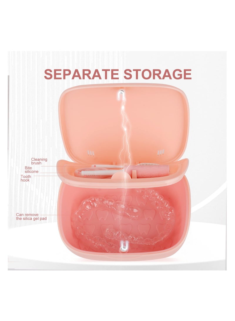 Denture Bath Box Cup with Mirror Dental Braces Kit Portable Retainer Case, False Teeth Storage Box Holder, With Braces Removal Tool and Cleaning Brush (Pink)