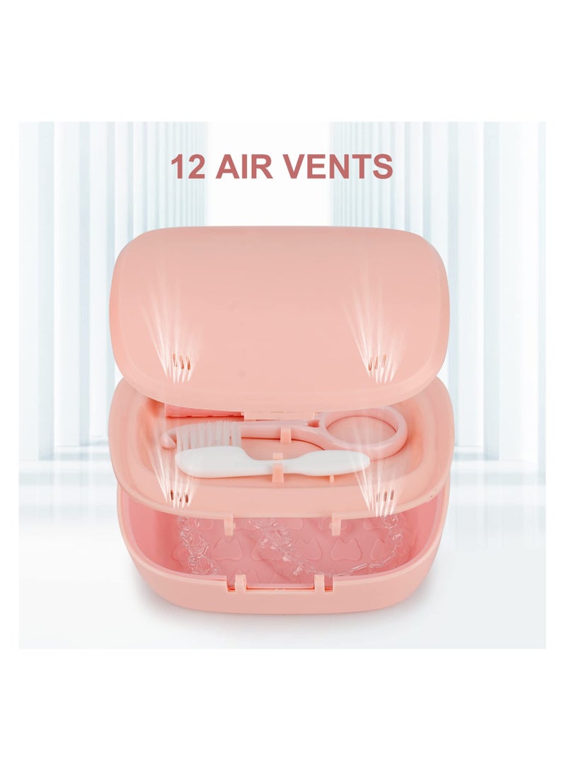 Denture Bath Box Cup with Mirror Dental Braces Kit Portable Retainer Case, False Teeth Storage Box Holder, With Braces Removal Tool and Cleaning Brush (Pink)