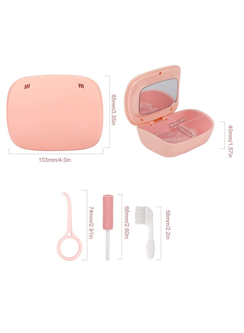 Denture Bath Box Cup with Mirror Dental Braces Kit Portable Retainer Case, False Teeth Storage Box Holder, With Braces Removal Tool and Cleaning Brush (Pink)
