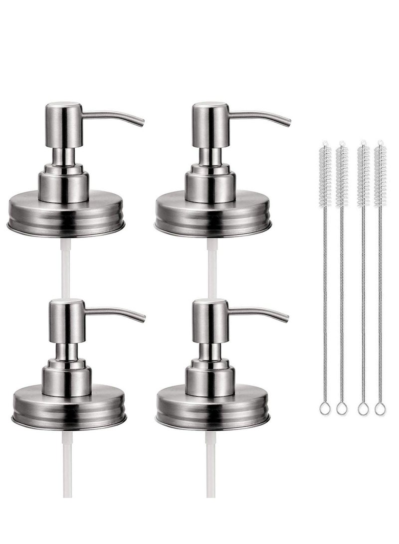 4 Pack Mason Jar Soap Dispenser Lids with Pumps,  304 Stainless Steel Rust Proof Pump and Lid Replacement for 16 oz Regular Mouth Mason Jar Decor, 4 Brushes Included Silver