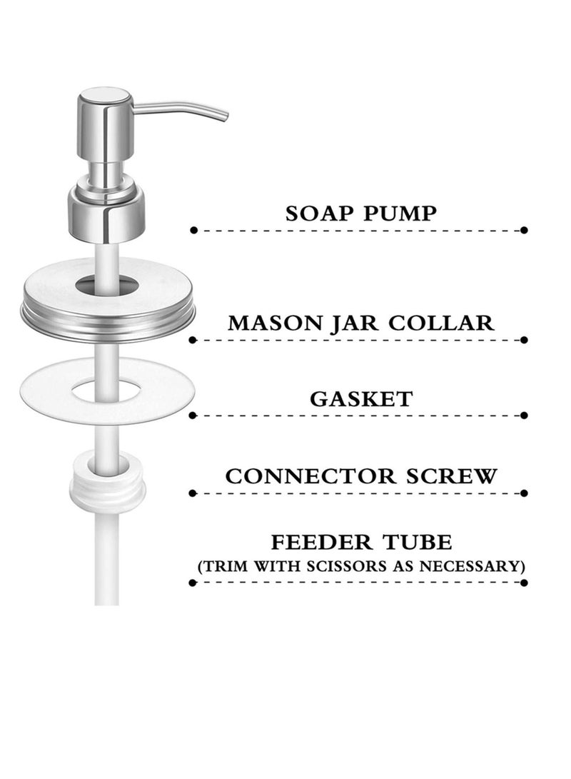 4 Pack Mason Jar Soap Dispenser Lids with Pumps,  304 Stainless Steel Rust Proof Pump and Lid Replacement for 16 oz Regular Mouth Mason Jar Decor, 4 Brushes Included Silver