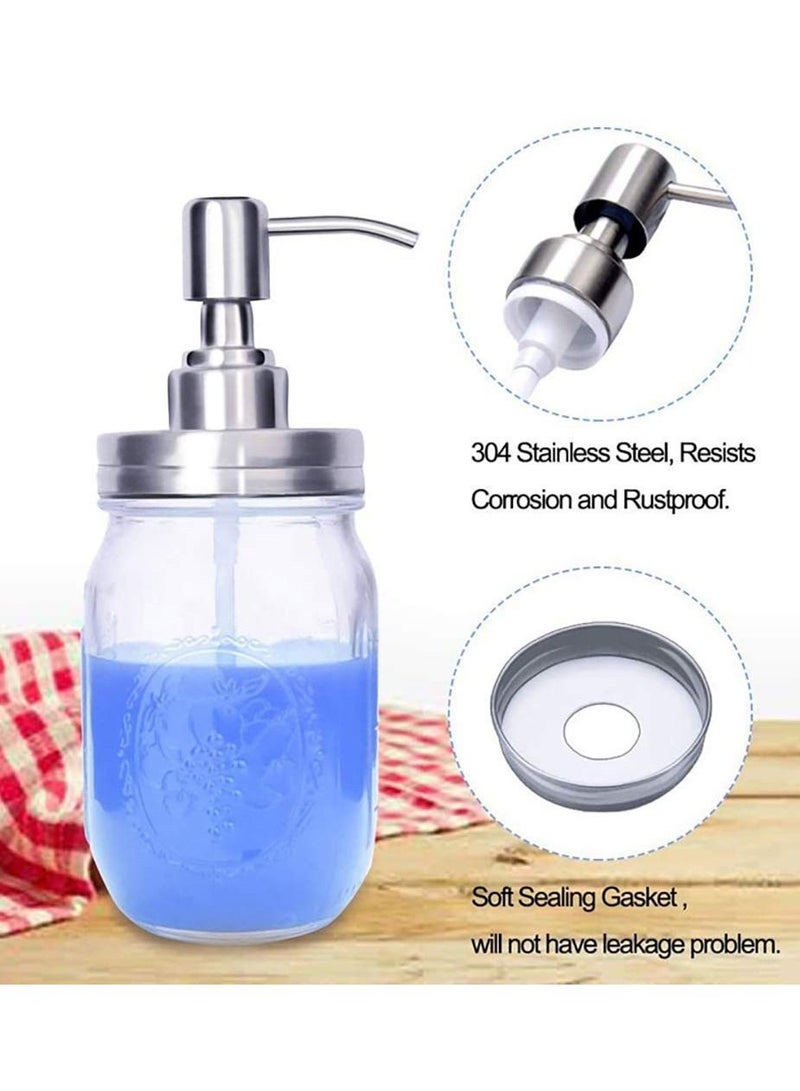 4 Pack Mason Jar Soap Dispenser Lids with Pumps,  304 Stainless Steel Rust Proof Pump and Lid Replacement for 16 oz Regular Mouth Mason Jar Decor, 4 Brushes Included Silver