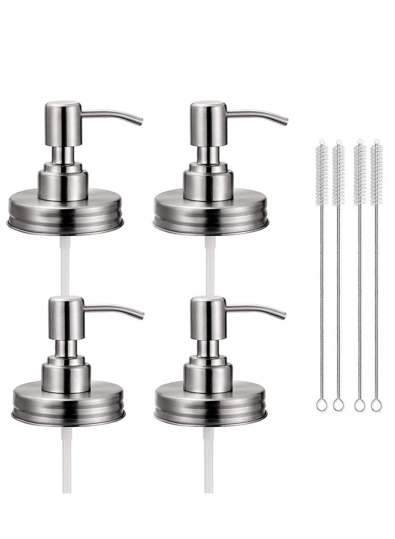 4 Pack Mason Jar Soap Dispenser Lids with Pumps, 304 Stainless Steel Rust Proof Pump and Lid Replacement for 16 oz Regular Mouth Decor, Brushes Included Silver