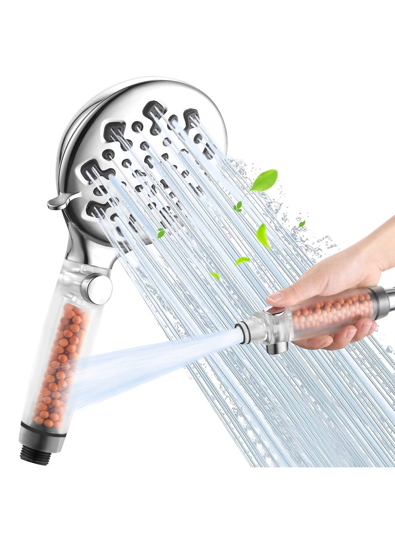 Shower Head High Pressure, Handheld Showerhead with 9 Adjustable Spray Modes, Universal Water Saving Filter for Hard (Silver)