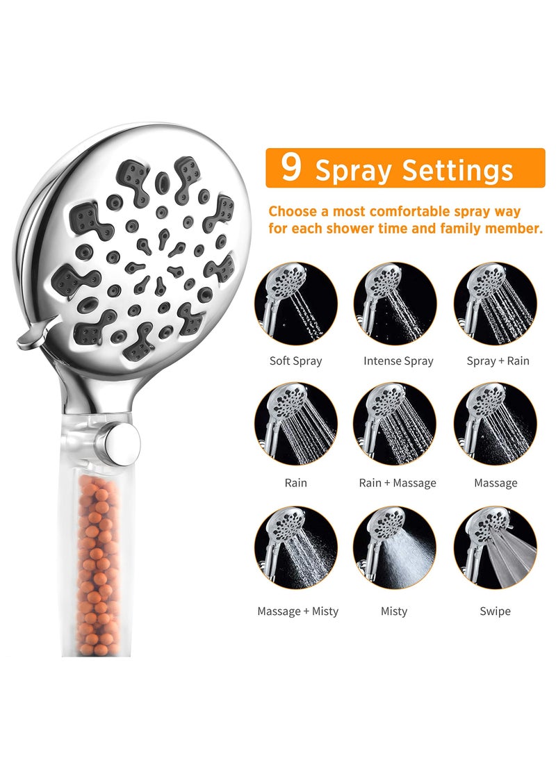 Shower Head High Pressure, Handheld Showerhead with 9 Adjustable Spray Modes, Universal Water Saving Filter for Hard (Silver)