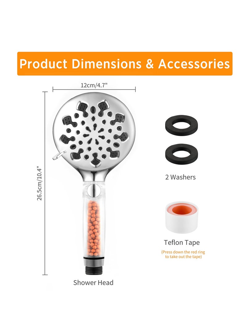 Shower Head High Pressure, Handheld Showerhead with 9 Adjustable Spray Modes, Universal Water Saving Filter for Hard (Silver)