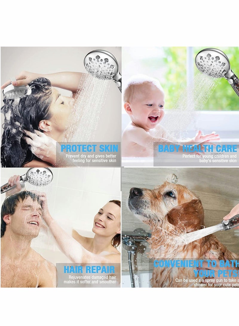 Shower Head High Pressure, Handheld Showerhead with 9 Adjustable Spray Modes, Universal Water Saving Filter for Hard (Silver)