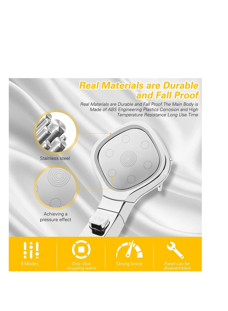 Shower Head Universal High Pressure Heads Stainless Steel Chrome Finish Bath Showerhead with 4 Spray Modes, Double Boost Water Saving Handheld 1.5m Hose Silver