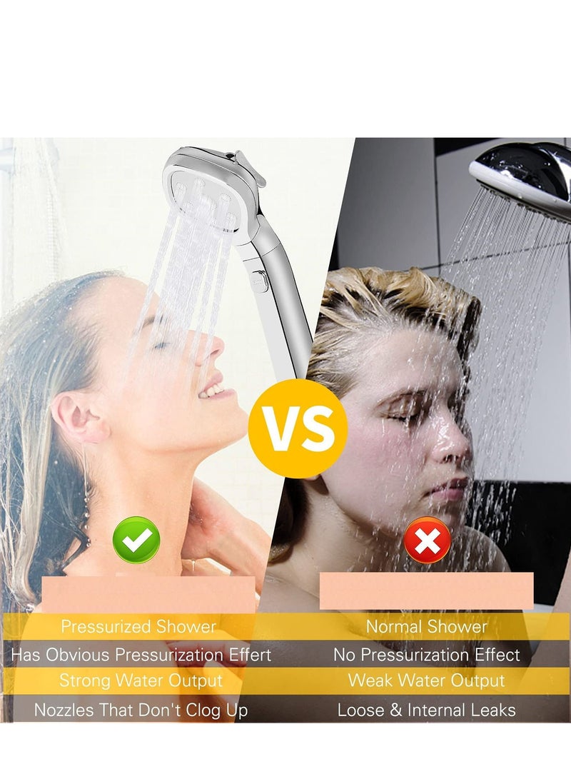 Shower Head Universal High Pressure Heads Stainless Steel Chrome Finish Bath Showerhead with 4 Spray Modes, Double Boost Water Saving Handheld 1.5m Hose Silver