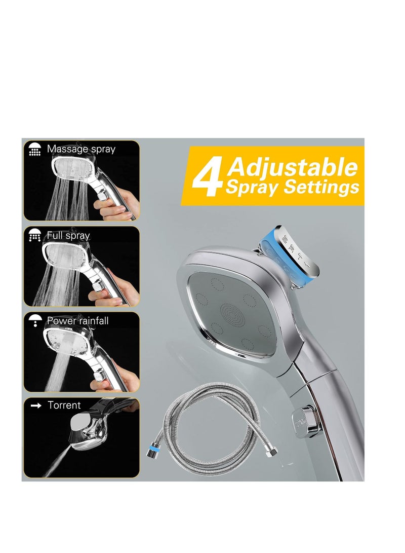 Shower Head Universal High Pressure Heads Stainless Steel Chrome Finish Bath Showerhead with 4 Spray Modes, Double Boost Water Saving Handheld 1.5m Hose Silver