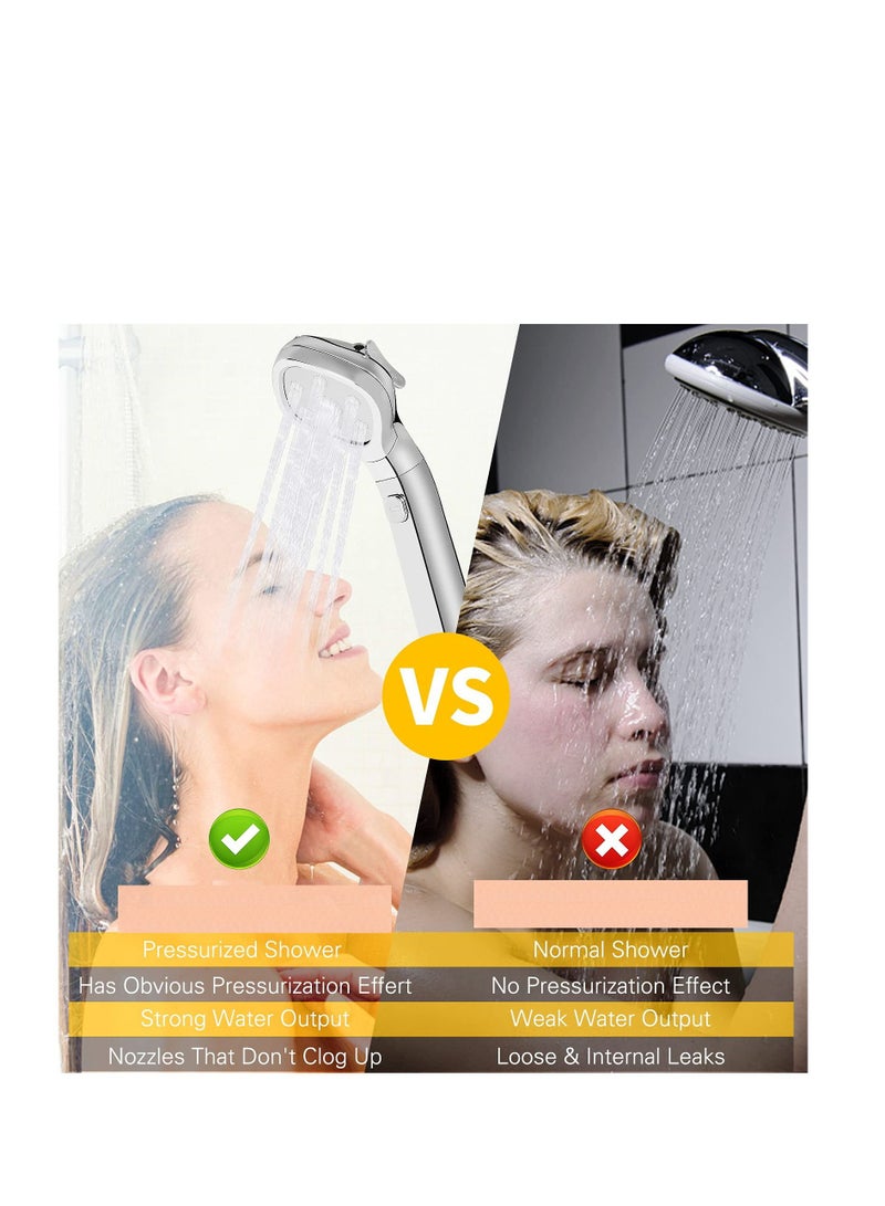 Shower Head, Universal High Pressure Heads, Stainless Steel Chrome Finish Bath Showerhead with 4 Spray Modes, Double Boost Water Saving Handheld 1.5m Hose Silver