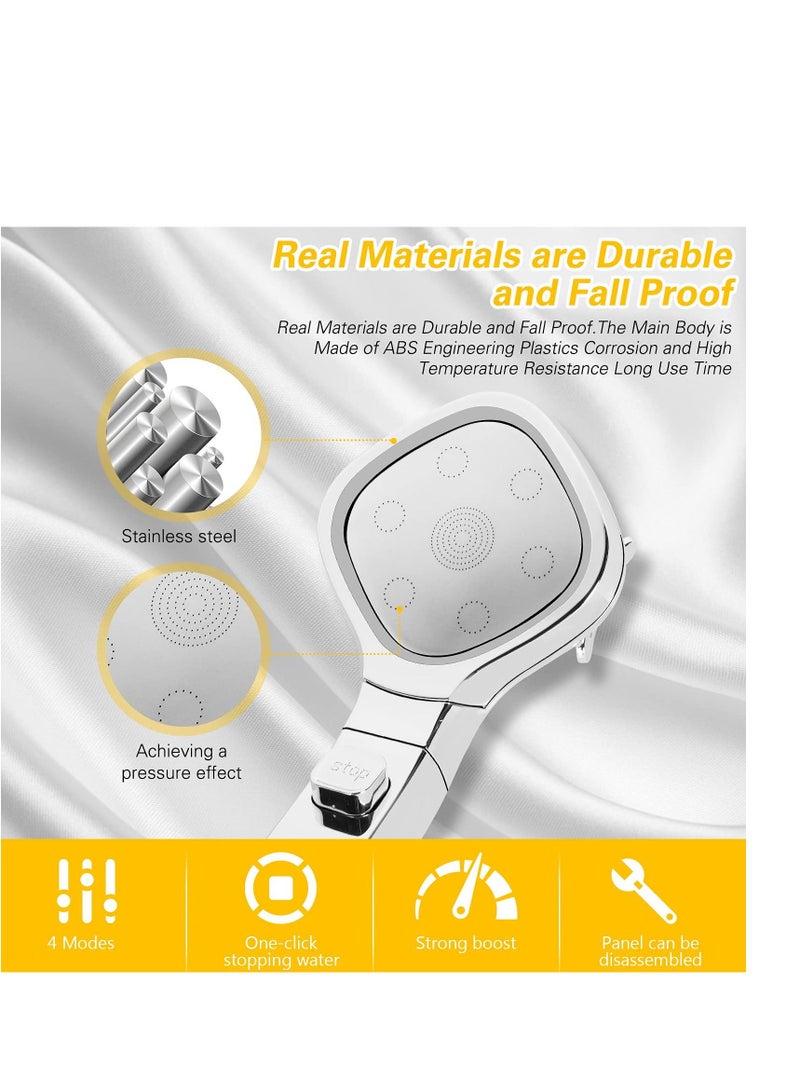 Shower Head, Universal High Pressure Heads, Stainless Steel Chrome Finish Bath Showerhead with 4 Spray Modes, Double Boost Water Saving Handheld 1.5m Hose Silver