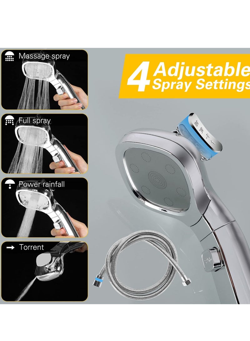 Shower Head, Universal High Pressure Heads, Stainless Steel Chrome Finish Bath Showerhead with 4 Spray Modes, Double Boost Water Saving Handheld 1.5m Hose Silver