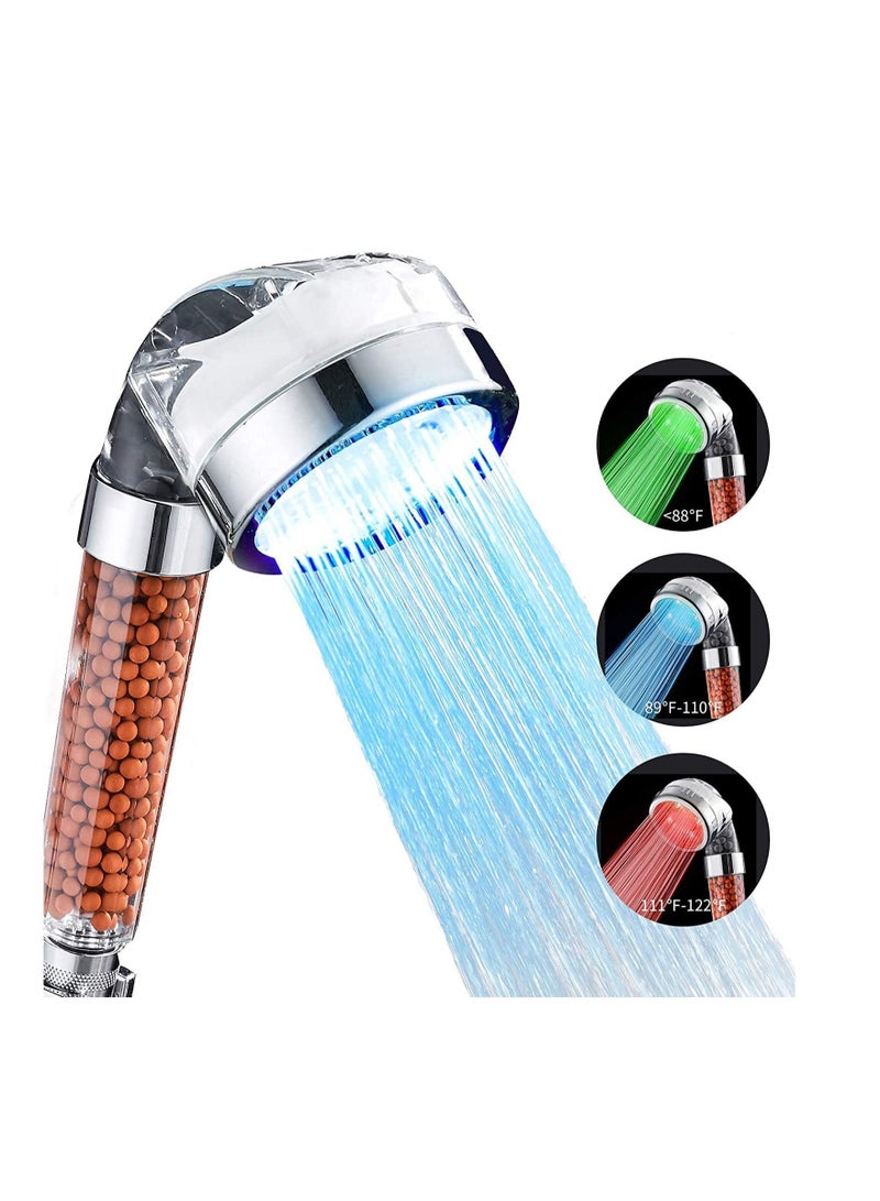 Shower Head LED Color Changing, Filter Filtration High Pressure Water Saving Spray Handheld Showerheads for Dry Skin & Hair with Temperature-Controlled Heads