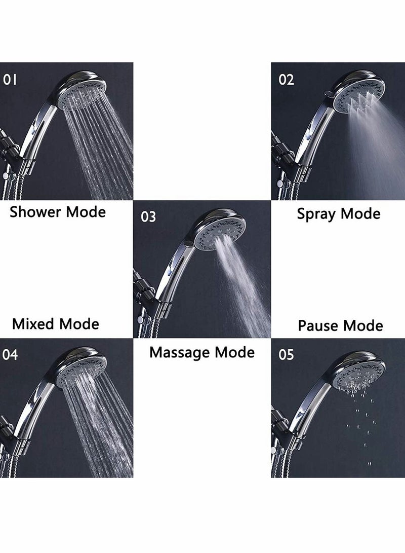 Handheld Shower Head, 5 Settings High Pressure Powerful Water Spray Shower Head with Stainless Hose and Adjustable Mount - Ideal Against Low Pressure Water Flow