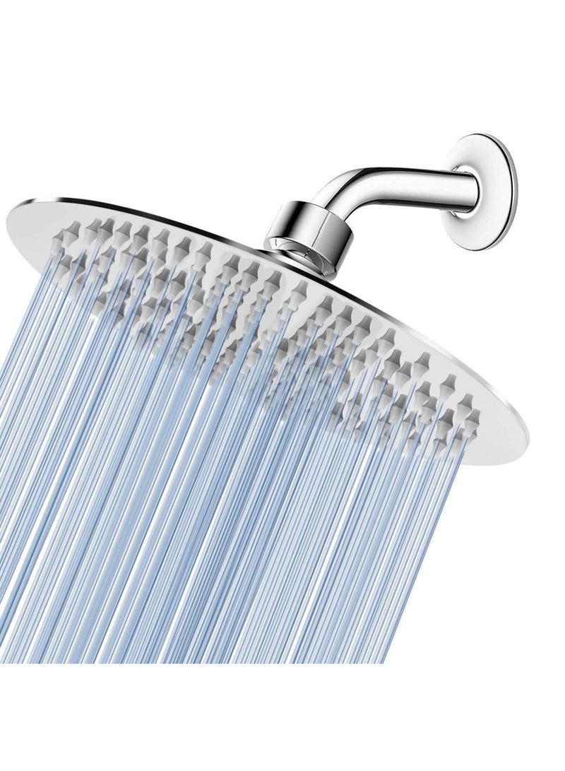 Rain Shower Head, 8 Inch Round High Pressure Showerhead, Ultra-Thin Stainless Steel 304 High Flow Rainfall Shower Head with Shower Arm