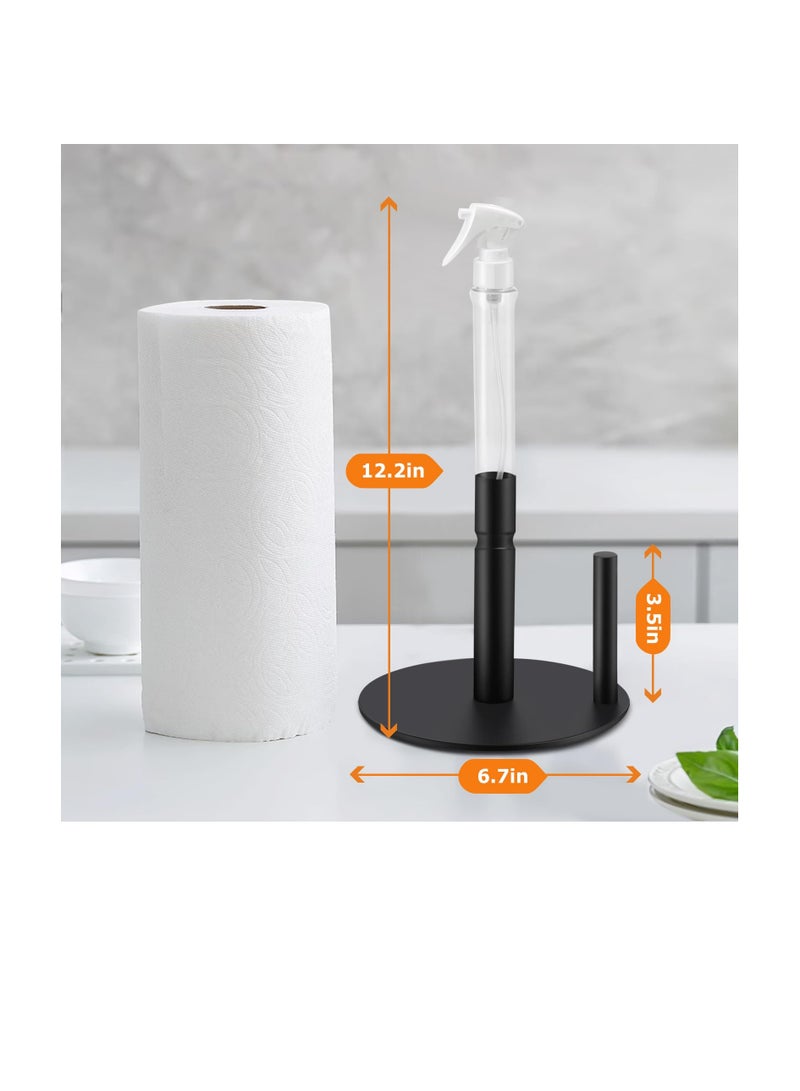 Stainless Steel Countertop Paper Towel Holder, Paper Towel Stand for Kitchen Counter Bathroom Table, Paper Towel Holder with Spray Bottle, Point Heavy Weighted Sturdy Paper Towel Holder (Black)