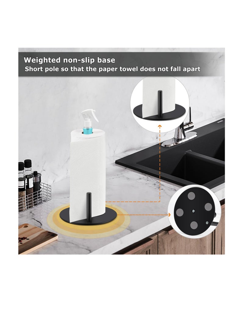 Stainless Steel Countertop Paper Towel Holder, Paper Towel Stand for Kitchen Counter Bathroom Table, Paper Towel Holder with Spray Bottle, Point Heavy Weighted Sturdy Paper Towel Holder (Black)