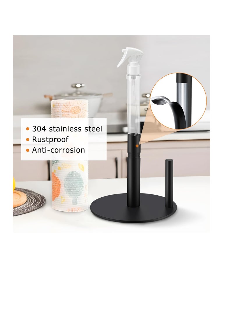 Stainless Steel Countertop Paper Towel Holder, Paper Towel Stand for Kitchen Counter Bathroom Table, Paper Towel Holder with Spray Bottle, Point Heavy Weighted Sturdy Paper Towel Holder (Black)