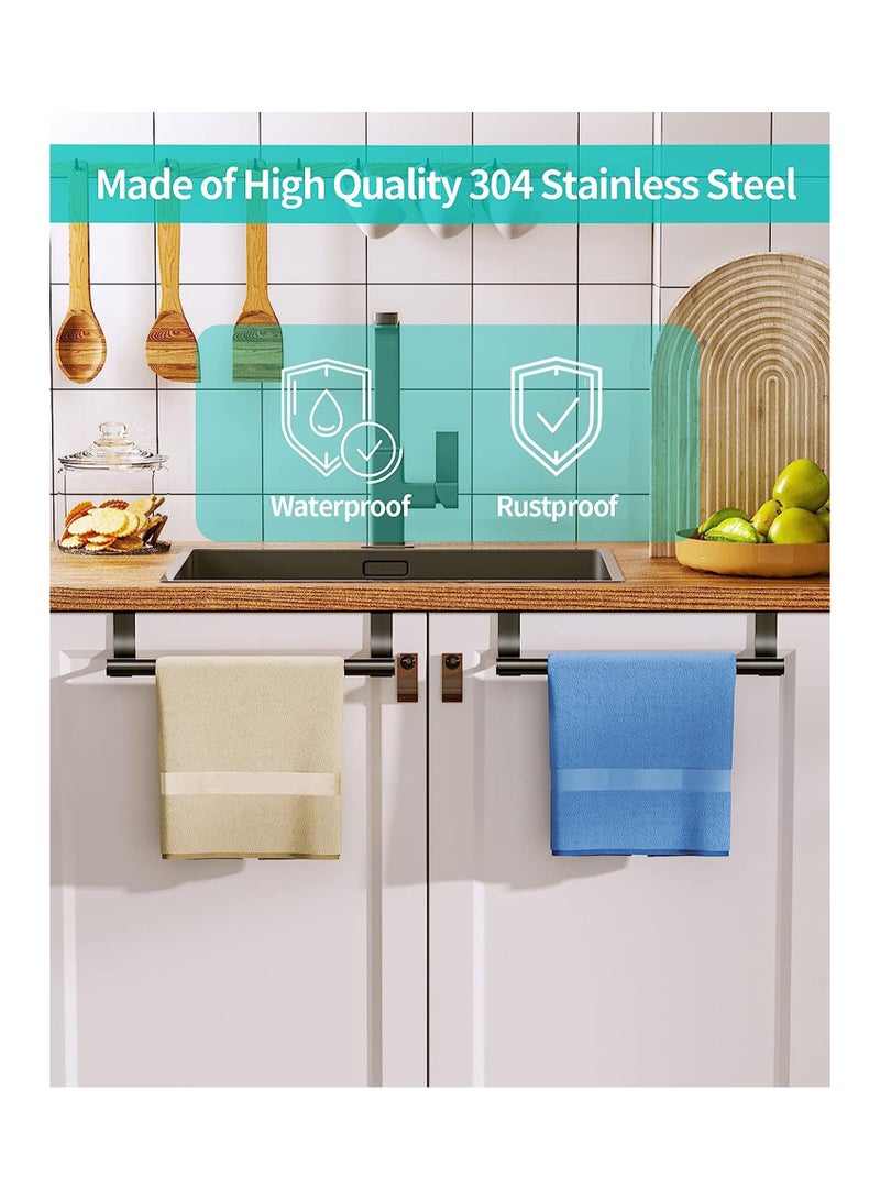 2 Pack Over the Door Towel Rail, Black Kitchen Towel Holder with Protective Pads, Stainless Steel Kitchen Towel Rail No Drilling, Rustproof Tea Towel Rail for Cabinet Door, 23.5cm