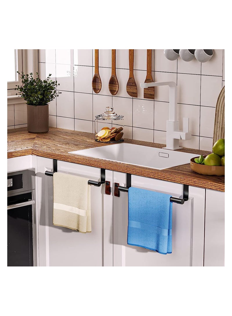 2 Pack Over the Door Towel Rail, Black Kitchen Towel Holder with Protective Pads, Stainless Steel Kitchen Towel Rail No Drilling, Rustproof Tea Towel Rail for Cabinet Door, 23.5cm