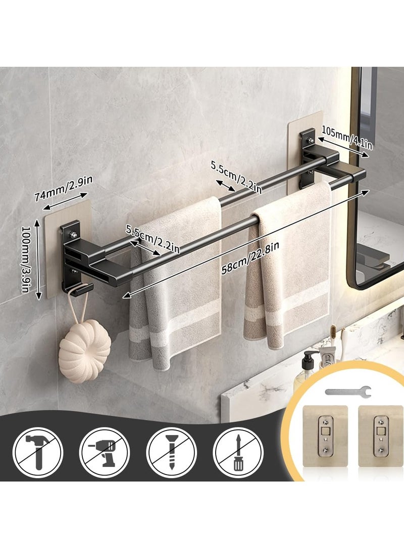 Towel Rail, 58cm Self Adhesive Towel Holder with Anti Rust Aluminium, 2 Tier Double Rod Towel Shelf Bar with 2 Hooks, No Drilling Required, Wall Mounted, for Bathroom, Kitchen, Shower, Black