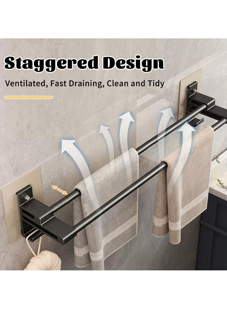 Towel Rail, 58cm Self Adhesive Towel Holder with Anti Rust Aluminium, 2 Tier Double Rod Towel Shelf Bar with 2 Hooks, No Drilling Required, Wall Mounted, for Bathroom, Kitchen, Shower, Black