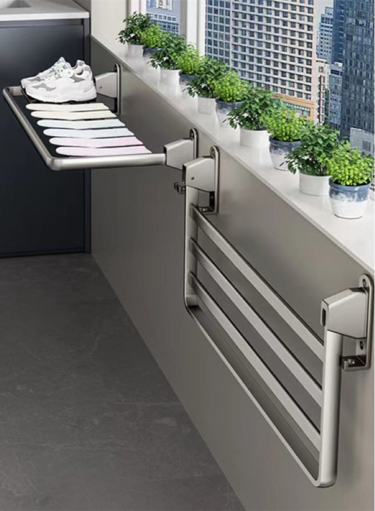 1-Piece Balcony Clothes Dryer Foldable Clothes Drying Pole Bathroom Storage Rack Stainless Steel Gray110x32x29 cm