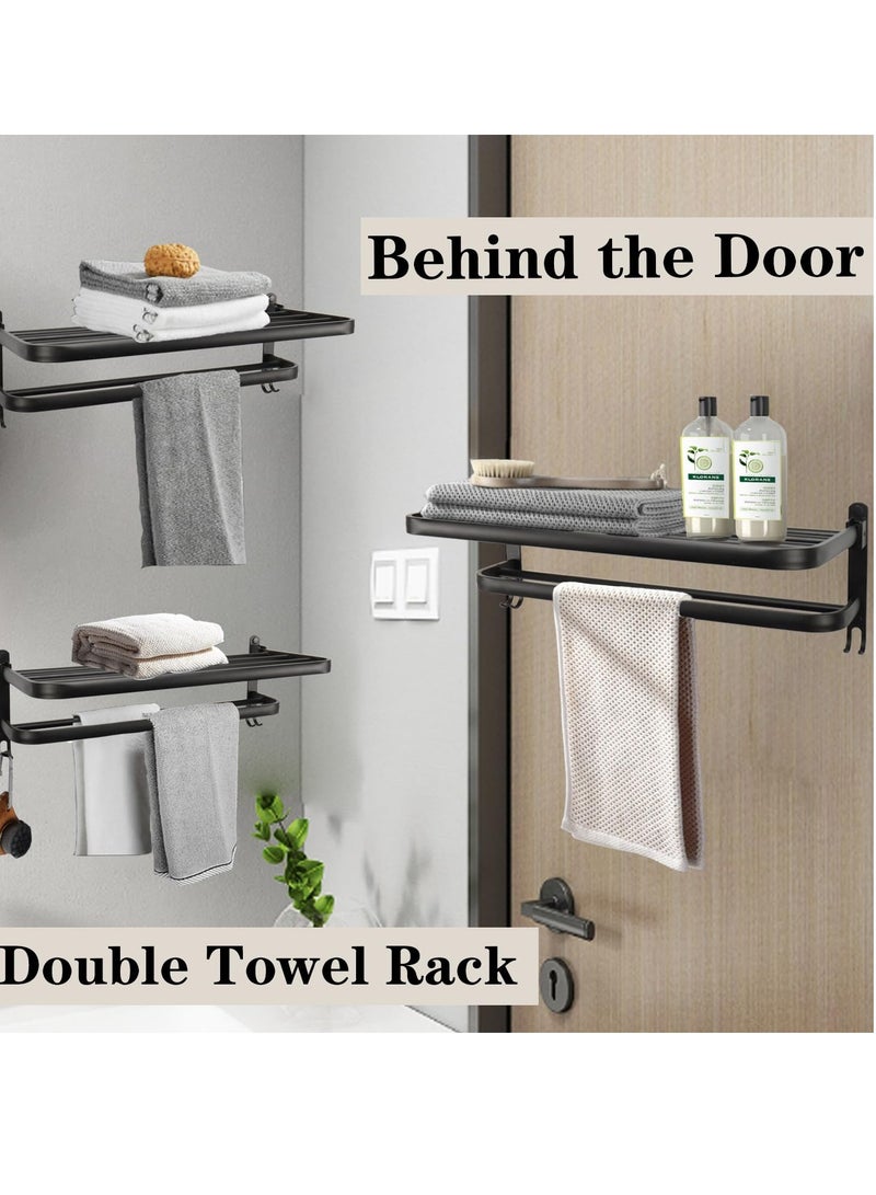 Towel Rack for Bathroom, 40 cm Wall-Mounted Towel Holder with Double Bar and Foldable Shelf, Rustproof Towel Organizer for Bath, Balcony, Lavatory, Black