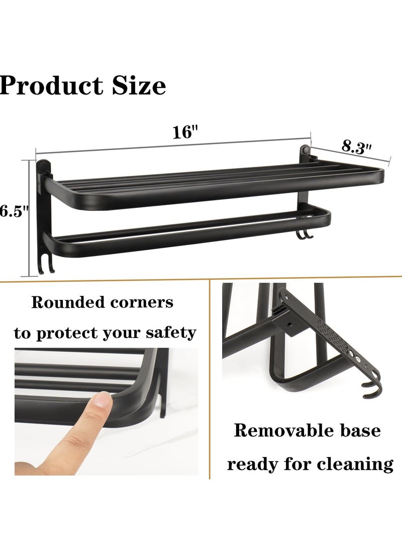 Towel Rack for Bathroom, 40 cm Wall-Mounted Towel Holder with Double Bar and Foldable Shelf, Rustproof Towel Organizer for Bath, Balcony, Lavatory, Black