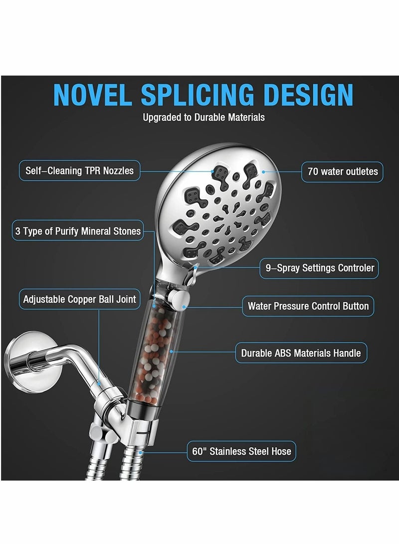 Shower Head with Filter, High Pressure Showerhead 9 Adjustable Spray Modes Handheld, Universal Water Saving Showerheads for Dry Skin Hair, Power Wash Mode to Clean Tub, Tile, Pets