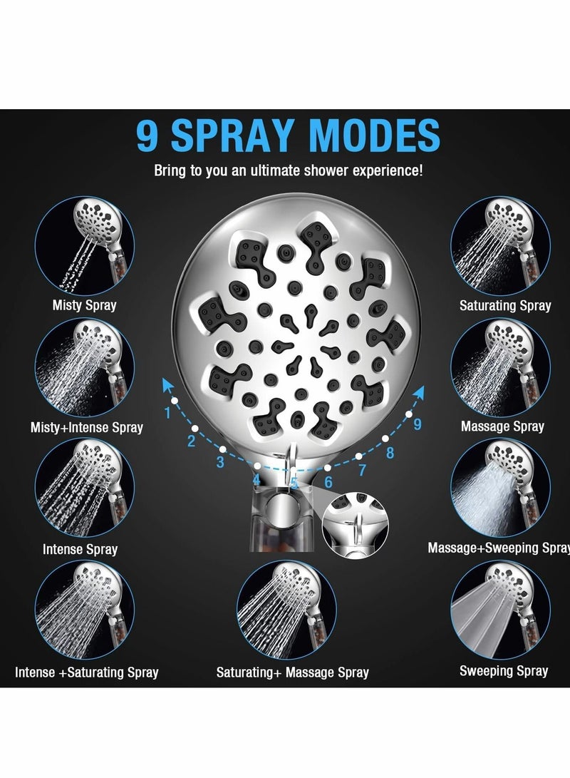 Shower Head with Filter, High Pressure Showerhead 9 Adjustable Spray Modes Handheld, Universal Water Saving Showerheads for Dry Skin Hair, Power Wash Mode to Clean Tub, Tile, Pets