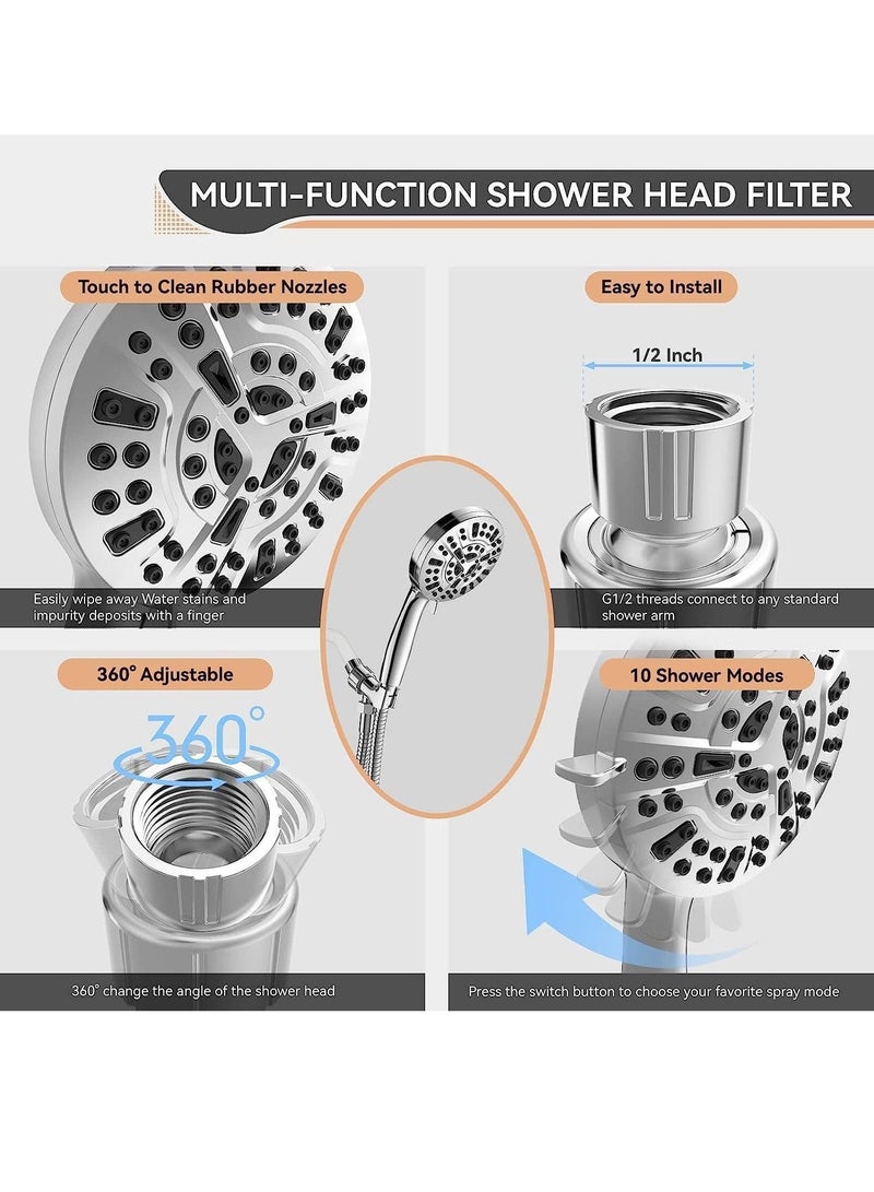 Filtered Shower Head 3 piece set, 15 Stage Handheld Filter for Hard Water, 10 Modes High Pressure Water with 60