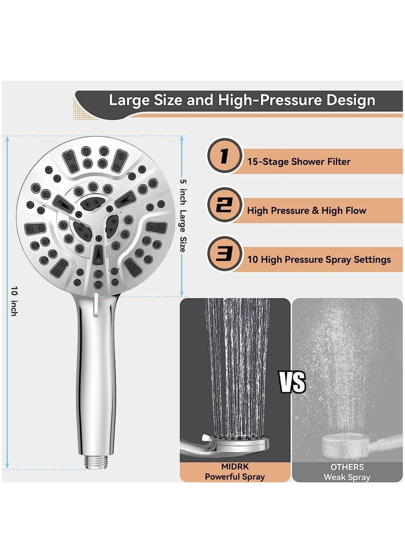 Filtered Shower Head 3 piece set, 15 Stage Handheld Filter for Hard Water, 10 Modes High Pressure Water with 60