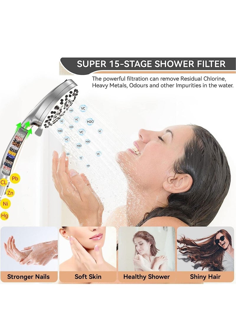 Filtered Shower Head 3 piece set, 15 Stage Handheld Filter for Hard Water, 10 Modes High Pressure Water with 60