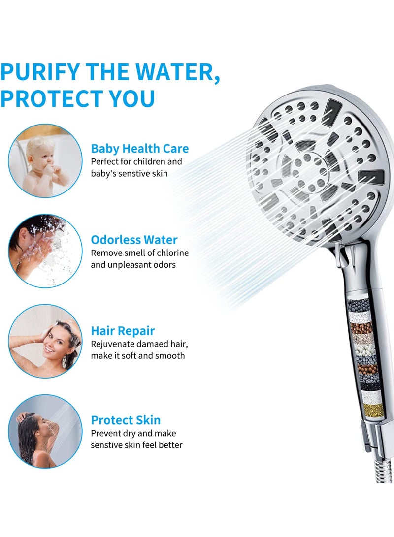 Filtered Shower Head with Handheld, High Pressure Shower Head with Filters for Hard Water, 10 Modes Water Saving Shower Heads, Built-in Power Wash to Clean Tubs Tiles Walls Pets