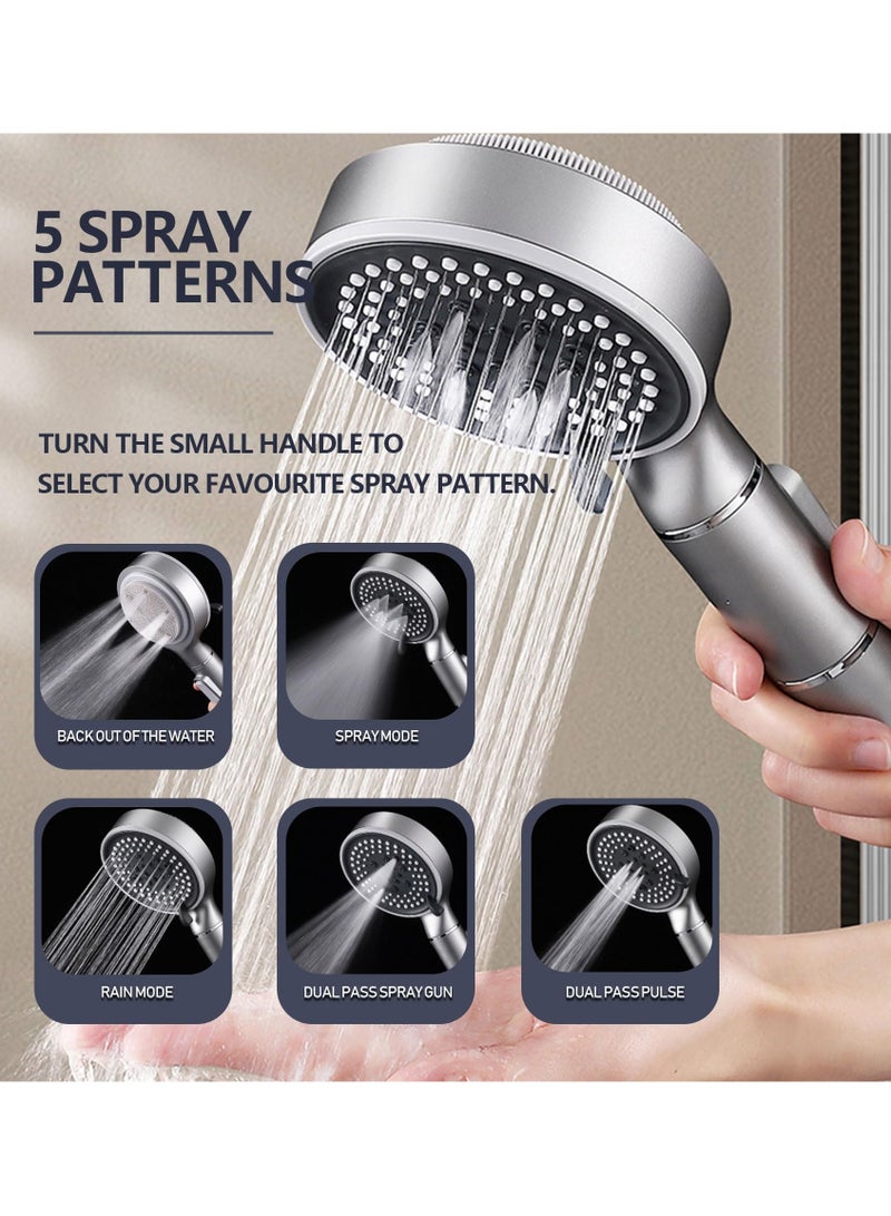 Shower Head with Filter, High Pressure Double-Sided Shower Head with Silicone Body Scrubber, Handheld Shower with On/Off Switch, 5 Spray Modes for Body and Hair Massage (Silver)