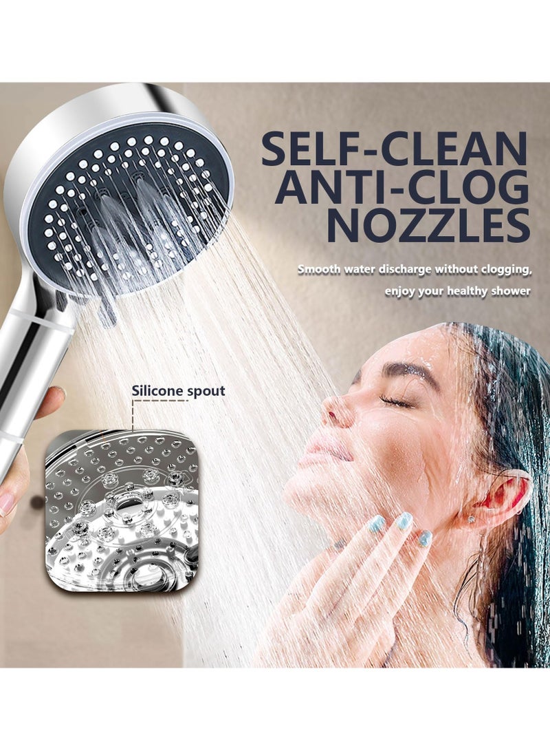 Shower Head with Filter, High Pressure Double-Sided Shower Head with Silicone Body Scrubber, Handheld Shower with On/Off Switch, 5 Spray Modes for Body and Hair Massage (Silver)