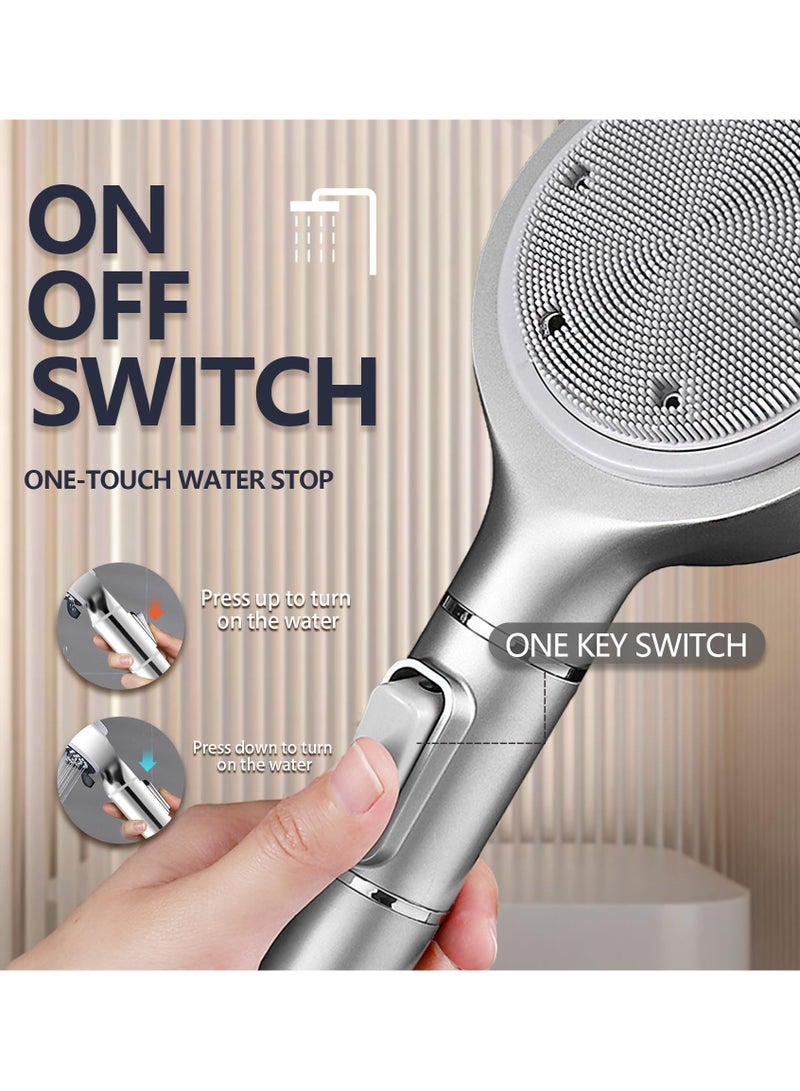 Shower Head with Filter, High Pressure Double-Sided Shower Head with Silicone Body Scrubber, Handheld Shower with On/Off Switch, 5 Spray Modes for Body and Hair Massage (Silver)
