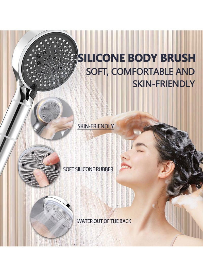 Shower Head with Filter, High Pressure Double-Sided Shower Head with Silicone Body Scrubber, Handheld Shower with On/Off Switch, 5 Spray Modes for Body and Hair Massage (Silver)