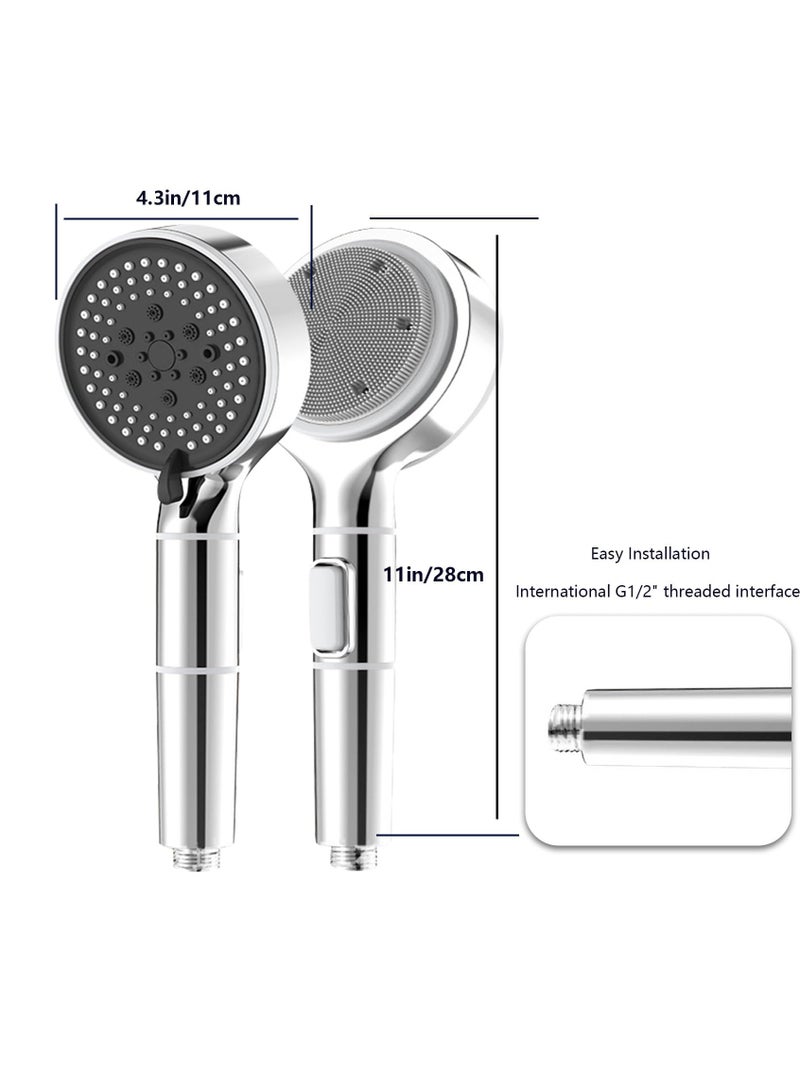 Shower Head with Filter, High Pressure Double-Sided Shower Head with Silicone Body Scrubber, Handheld Shower with On/Off Switch, 5 Spray Modes for Body and Hair Massage (Silver)