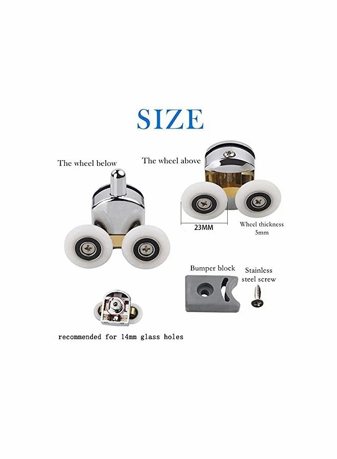 Shower Door Rollers, 4pcs Sliding Shower Doors Wheels Replacement Roller Runner Wheel 2 Top & 2 Bottom Chrome Plated Door Roller fit Glass Holes 14mm