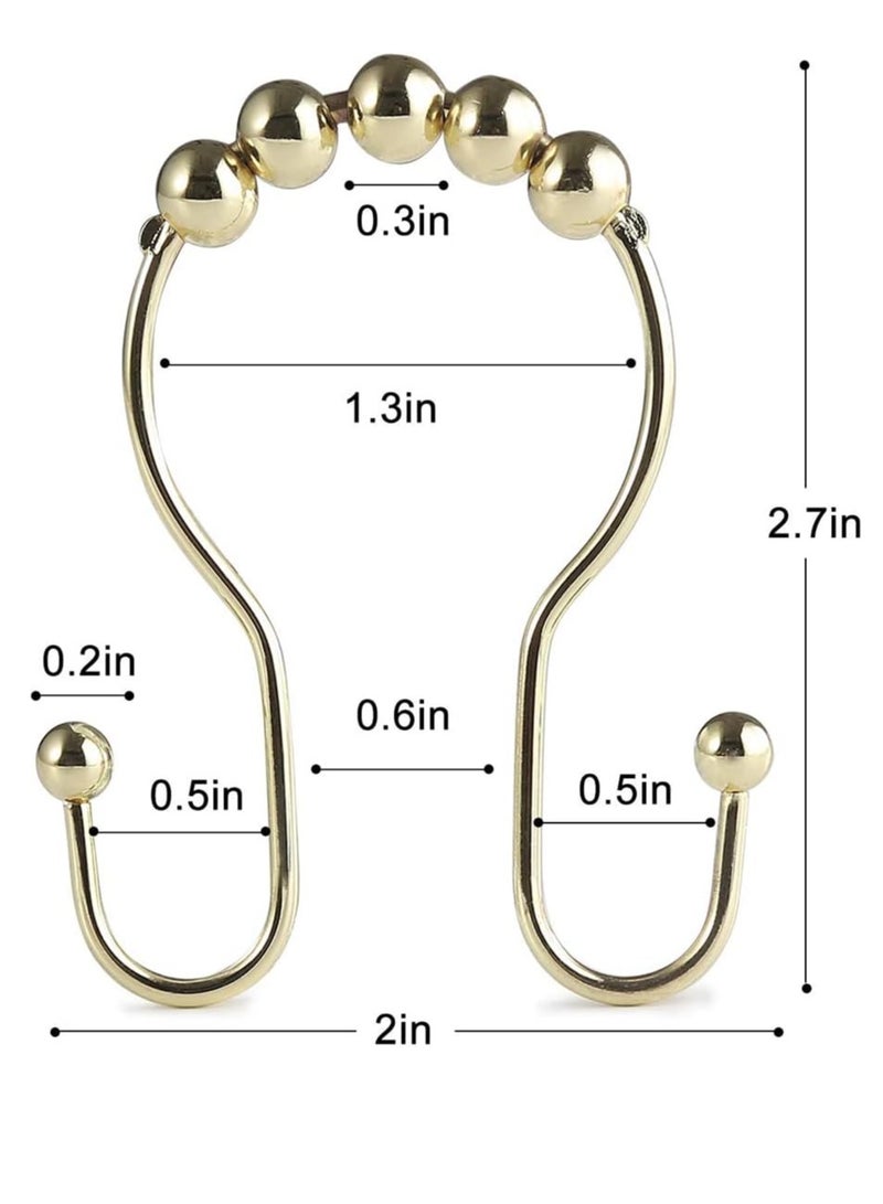 Shower Curtain Hooks, 12 Pcs Shower Curtain Rings, Stainless Steel Roller Rust-Resistant Balance Sliding Anti-Drop Double Shower Hooks for Curtain Bathroom Shower Curtains (Gold)