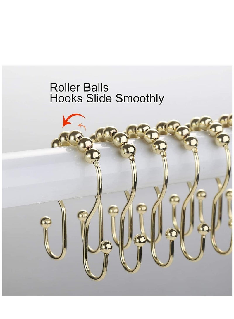 Shower Curtain Hooks, 12 Pcs Shower Curtain Rings, Stainless Steel Roller Rust-Resistant Balance Sliding Anti-Drop Double Shower Hooks for Curtain Bathroom Shower Curtains (Gold)