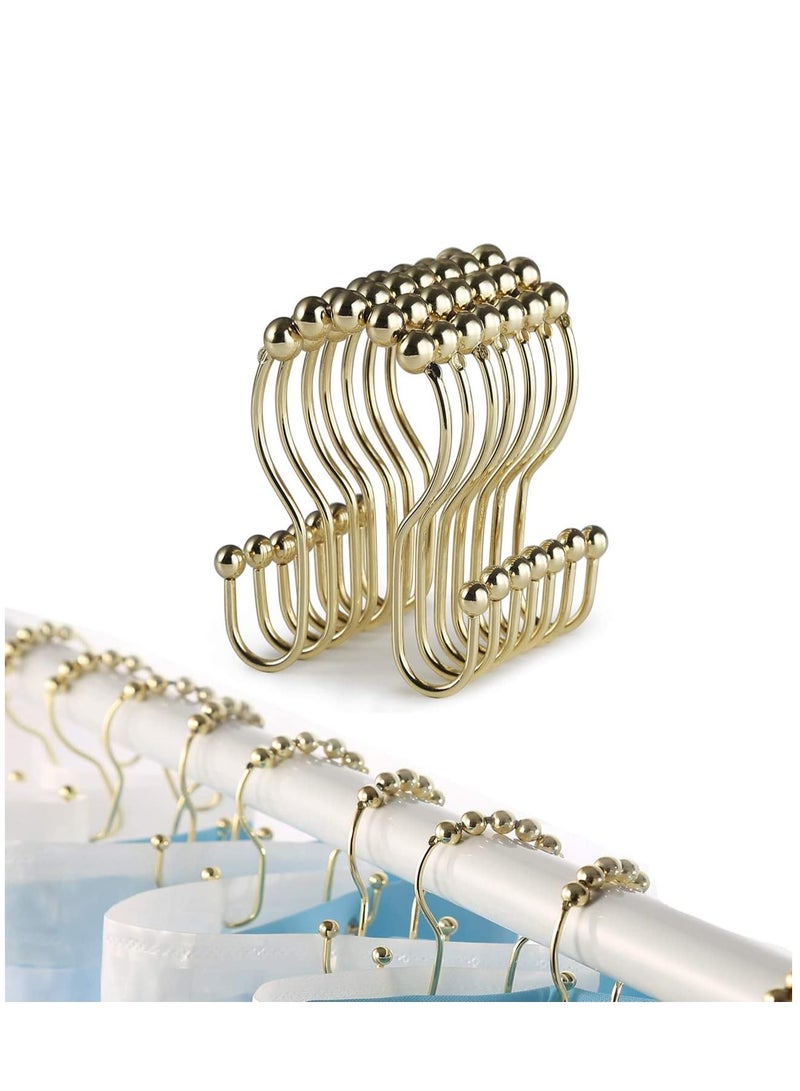 Shower Curtain Hooks, 12 Pcs Shower Curtain Rings, Stainless Steel Roller Rust-Resistant Balance Sliding Anti-Drop Double Shower Hooks for Curtain Bathroom Shower Curtains (Gold)